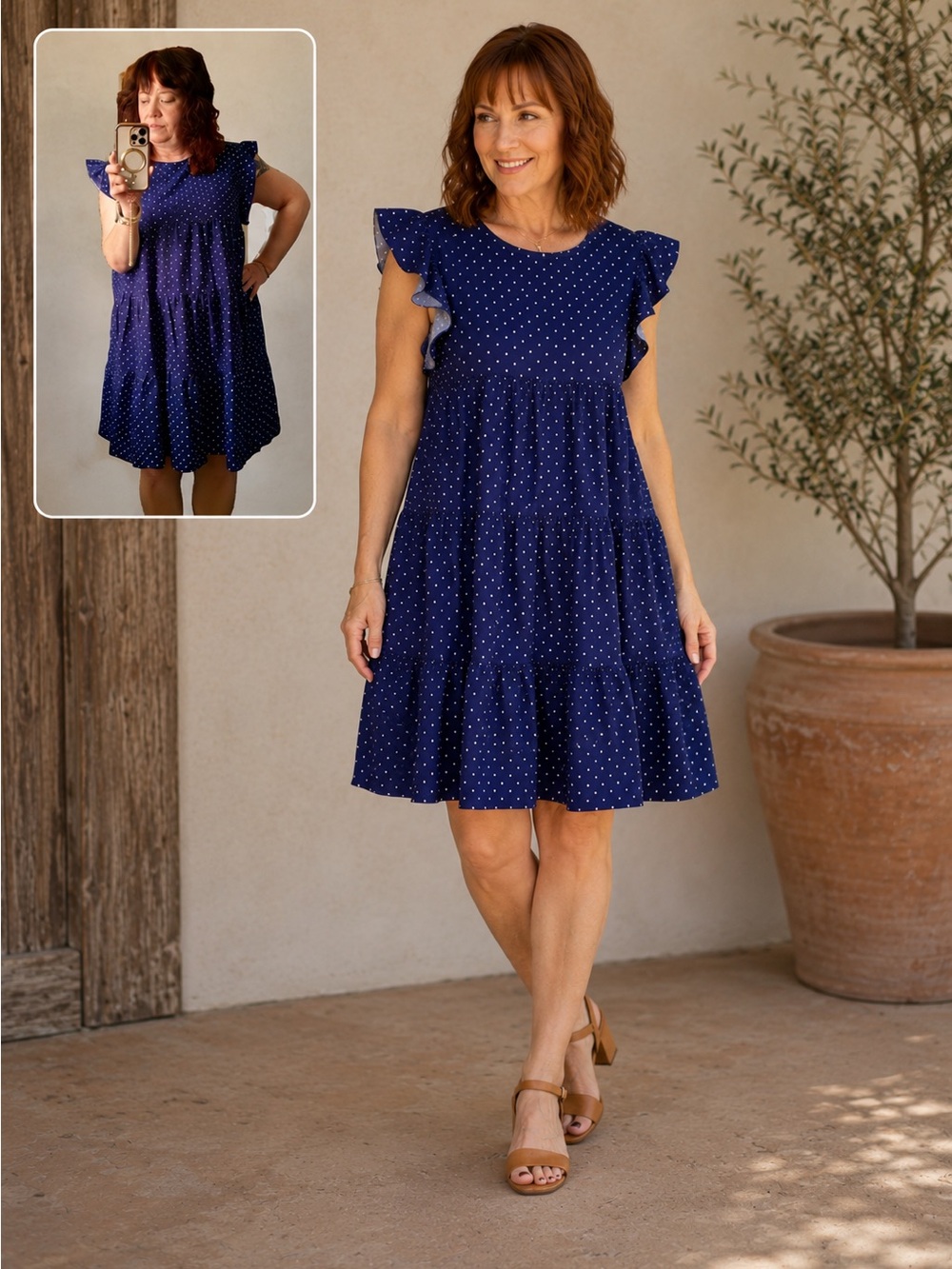 Navy Blue Polka Dot women’s a-line tiered babydoll Dress
